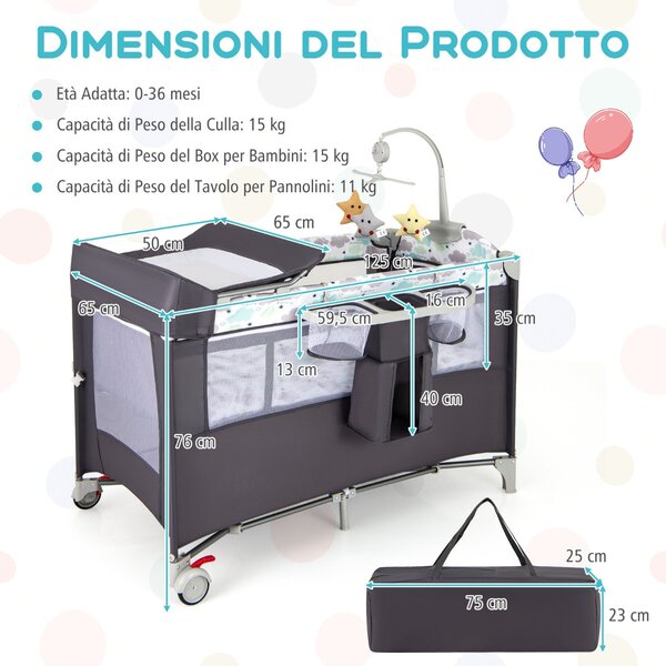 Costway Lettino per bambini con materasso fasciatoio carillon e 3 giocattoli appesi, Box multiuso 5 in 1 Grigio scuro