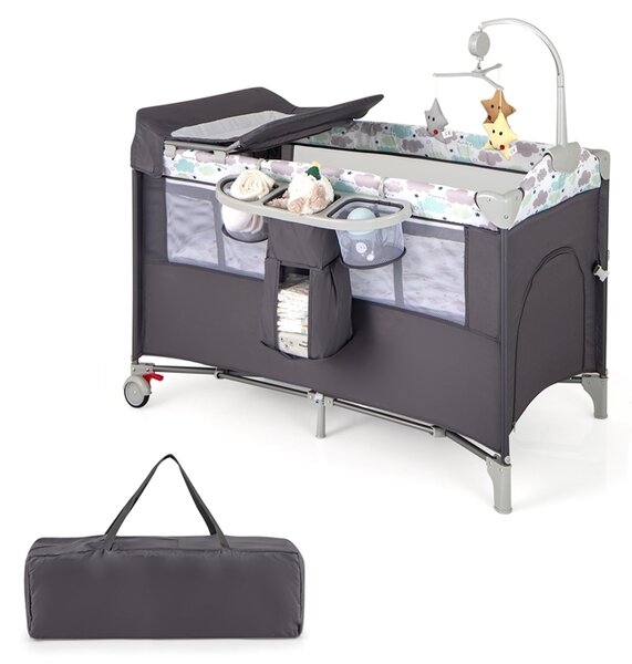 Costway Lettino per bambini con materasso fasciatoio carillon e 3 giocattoli appesi, Box multiuso 5 in 1 Grigio scuro