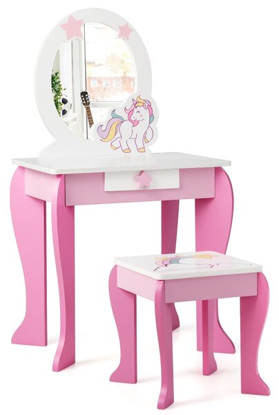 Costway Toeletta per bambine, toeletta principesse con sgabello specchio smontabile e cassetto, Rosa e bianco