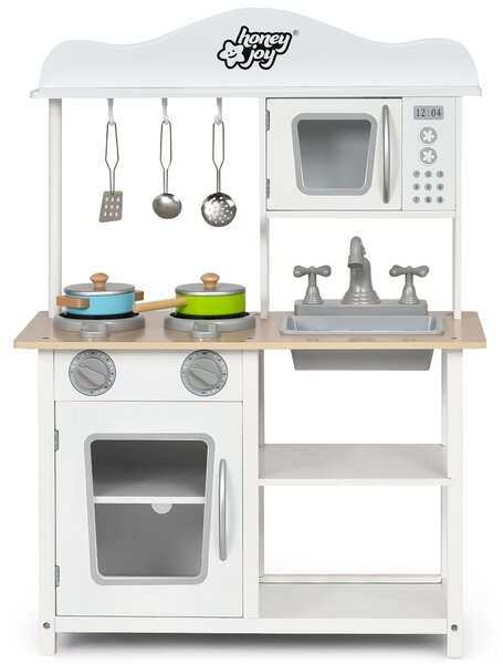 Costway Cucina giocattolo di legno per bambini con lavello e fornello, Set cucina finta con pentole e utensili Bianco