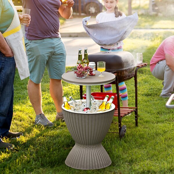 Costway Secchiello del ghiaccio 30L a imitazione rattan, Tavolo bar resistente alle intemperie con superficie Marrone