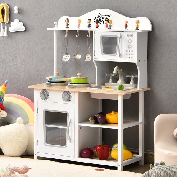 Costway Cucina giocattolo di legno per bambini con lavello e fornello, Set cucina finta con pentole e utensili Bianco