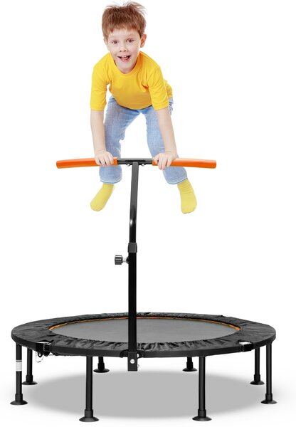 Costway Trampolino silenzioso fitness per bambini e adulti con maniglia regolabile, Trampolino pieghevole 117cm Arancione