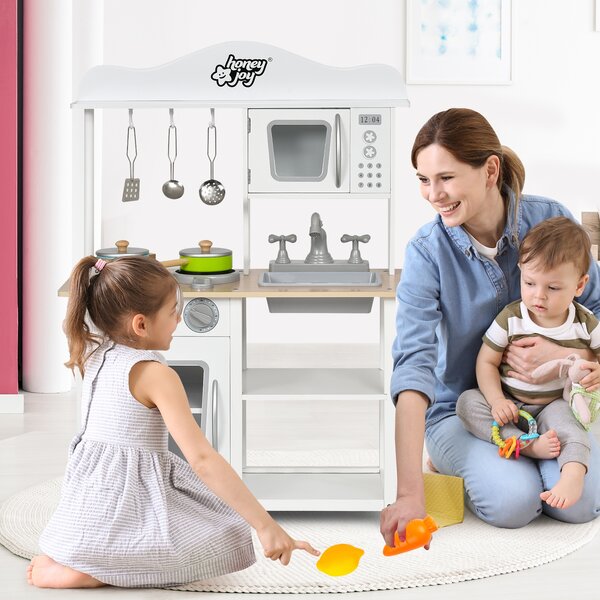 Costway Cucina giocattolo di legno per bambini con lavello e fornello, Set cucina finta con pentole e utensili Bianco