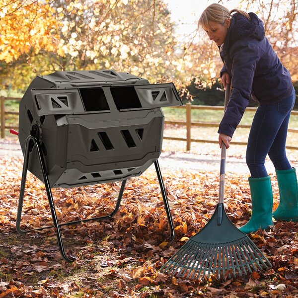 Costway Bidone di compostaggio girevole con doppia camera, Dispositivo di compostaggio con 2 porte scorrevoli Nero