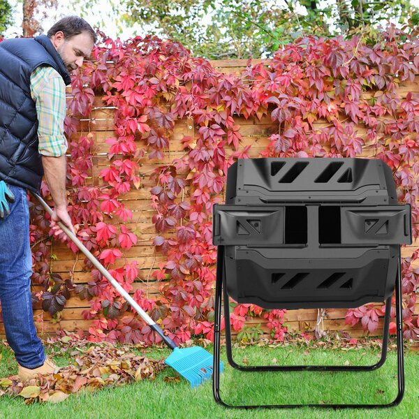 Costway Bidone di compostaggio girevole con doppia camera, Dispositivo di compostaggio con 2 porte scorrevoli Nero