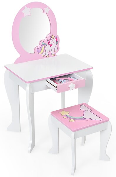 Costway Toeletta per bambine, toeletta principesse con sgabello specchio smontabile e cassetto Bianco
