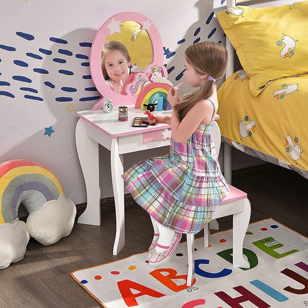 Costway Toeletta per bambine, toeletta principesse con sgabello specchio smontabile e cassetto Bianco