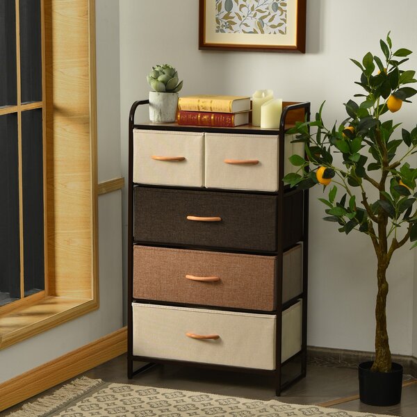 Costway Cassettiera con 5 cassetti pieghevoli in tessuto, Organizer a 4 livelli con superficie in legno per ingresso