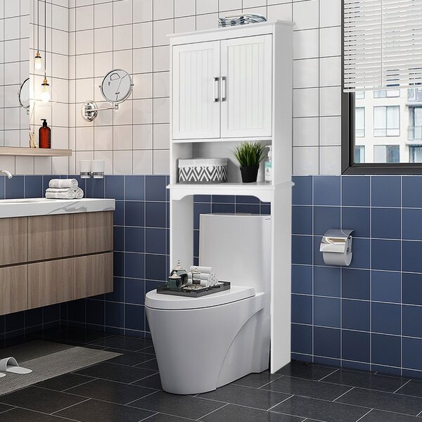 Costway Mobile sopra il WC con mensola aperta e doppie ante, Organizer per bagno con mensola interna regolabile Bianco