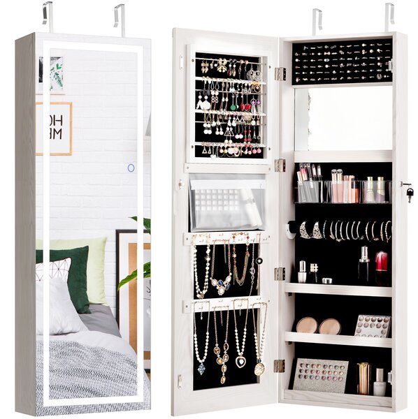 Costway Armadietto per gioielli con strisce di luci LED al muro o alla porta, Armadio portagioielli con specchio Bianco