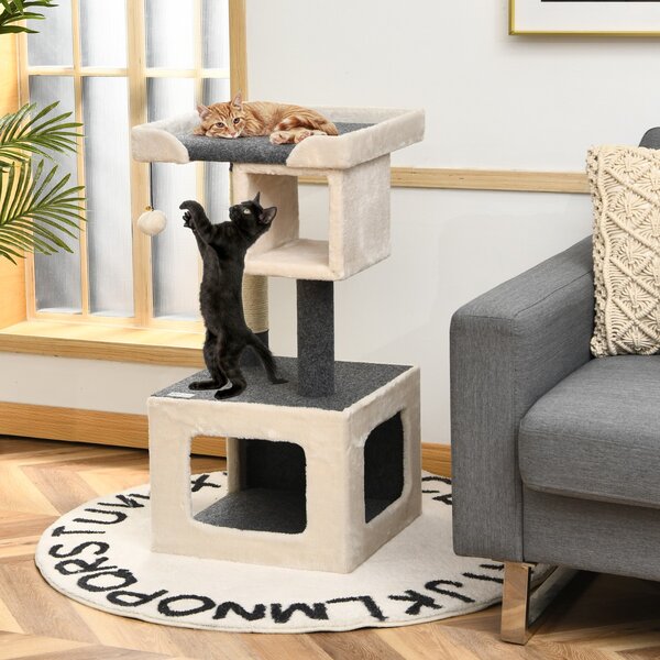 Costway Albero per gatti con tiragraffi e pallina felpata, Centro attività interno per gattini per giocare Beige e grigio