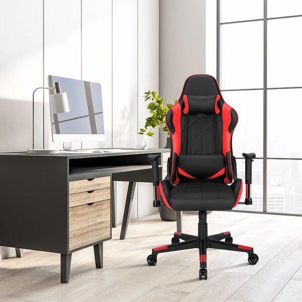 Costway Sedia da gaming girevole a 360° con poggiatesta e cuscino lombare, Sedia ergonomica per computer Nero e rosso