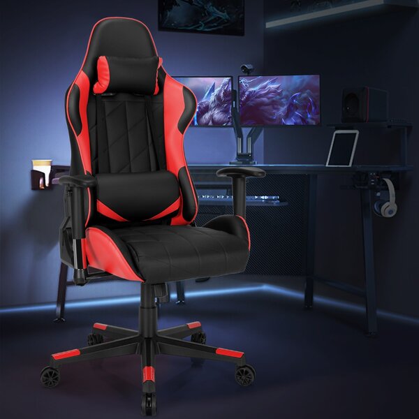 Costway Sedia da gaming girevole a 360° con poggiatesta e cuscino lombare, Sedia ergonomica per computer Nero e rosso