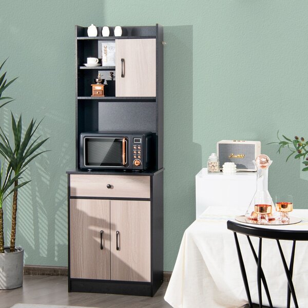 Costway Mobile da cucina con 3 ante e ripiani regolabili, Credenza con ampio spazio aperto per microonde Nero