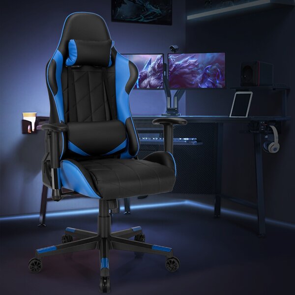 Costway Sedia da gaming girevole a 360° con poggiatesta e cuscino lombare, Sedia ergonomica per computer Nero e blu