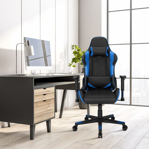 Costway Sedia da gaming girevole a 360° con poggiatesta e cuscino lombare, Sedia ergonomica per computer Nero e blu