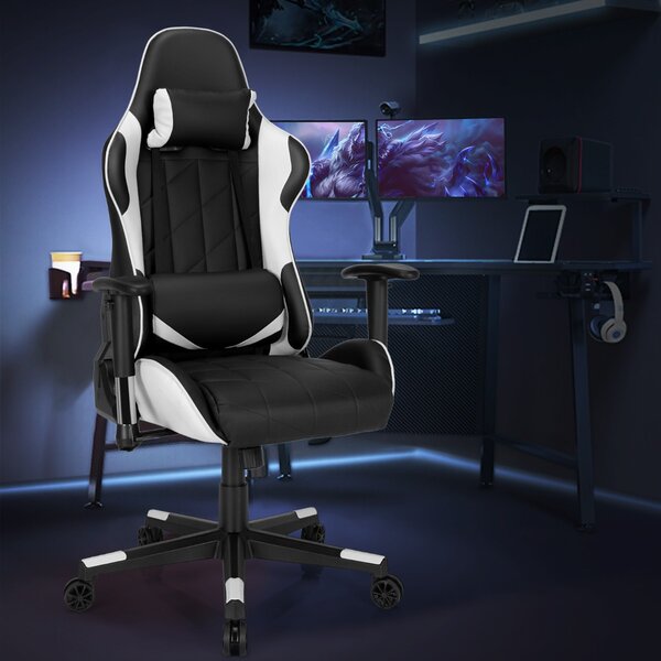 Costway Sedia da gaming girevole a 360° con poggiatesta e cuscino lombare, Sedia ergonomica per computer Nero e bianco