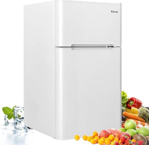 Costway Frigorifero compatto 90 L con luce LED e refrigerazione rapida, Freezer silenzioso separato con 2 ante Bianco