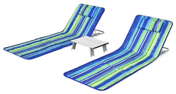 Costway Set di tappetini pieghevoli da spiaggia per cortile campeggio, Sedie a sdraio regolabili con un tavolino Bianco e blu