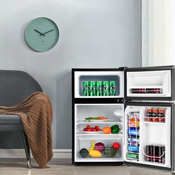 Costway Frigorifero compatto 90 L con luce LED e refrigerazione rapida, Freezer silenzioso separato con 2 ante Grigio