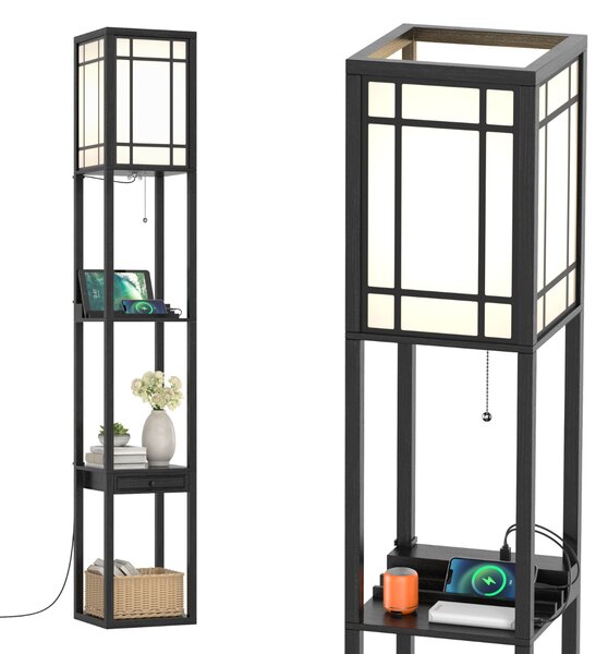 Costway Lampada a stelo con ripiani e cassetto, Lampada a piantana moderna con 2 porte USB Nera
