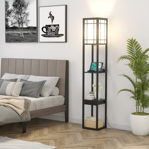 Costway Lampada a stelo con ripiani e cassetto, Lampada a piantana moderna con 2 porte USB Nera