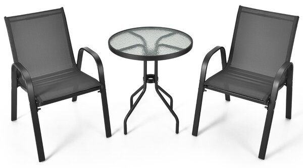 Costway Set di mobili da 3 pezzi con tessuto traspirante per cortile, Set da conversazione per patio con tavolino Grigio