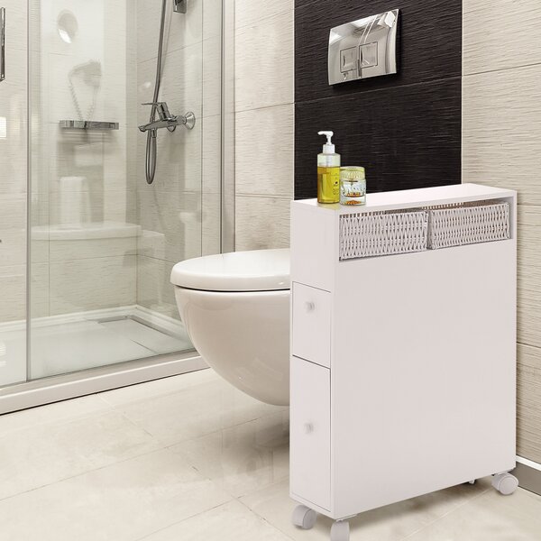 Costway Armadio di legno con cassetti cesti e porta scopino del water, Credenza con ruote per piccoli spazi Bianco