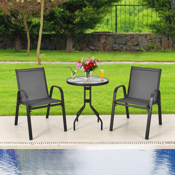 Costway Set di mobili da 3 pezzi con tessuto traspirante per cortile, Set da conversazione per patio con tavolino Grigio