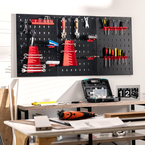 Costway Organizer da parete in metallo con 3 pannelli forati 25 accessori, Kit per la conservazione degli attrezzi