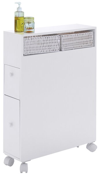 Costway Armadio di legno con cassetti cesti e porta scopino del water, Credenza con ruote per piccoli spazi Bianco