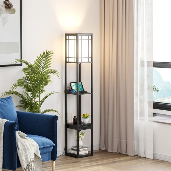 Costway Lampada a stelo con ripiani e cassetto, Lampada a piantana moderna con 2 porte USB Nera