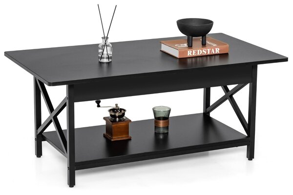 Costway Tavolino da caffè industriale con ripiano e struttura in metallo, Tavolino da cocktail a 2 livelli Nero