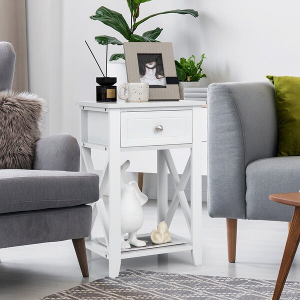 Costway Set di 2 Comodini moderni X-Design con cassetto ripiano inferiore, Tavolini versatili per soggiorno Bianco