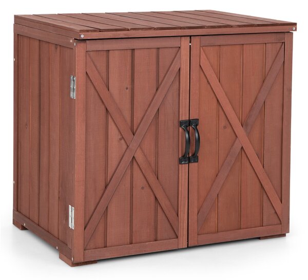 Costway Capanno per attrezzi in legno di abete con 2 ante magnetiche per giardino patio, Organizzatore di utensili Marrone