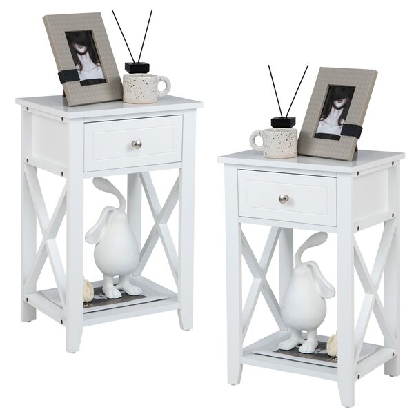 Costway Set di 2 Comodini moderni X-Design con cassetto ripiano inferiore, Tavolini versatili per soggiorno Bianco
