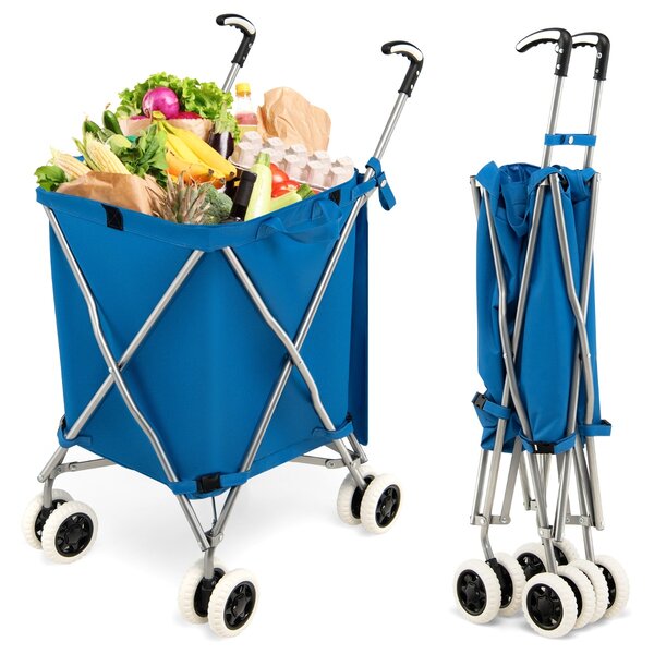 Costway Carrello pieghevole con ruote fodera in tessuto oxford rimovibile impermeabile, Carrello della spesa leggera Blu