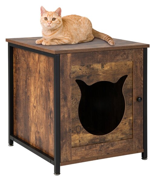 Costway Tavolino multiuso per gatti con porta ingresso a forma di gatto, Mobile decorativo per lettiera per gatti Marrone