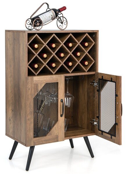 Costway Cantinetta vino industriale con portabottiglie rimovibile, Credenza da cucina con 2 ante in rete Marrone rustico