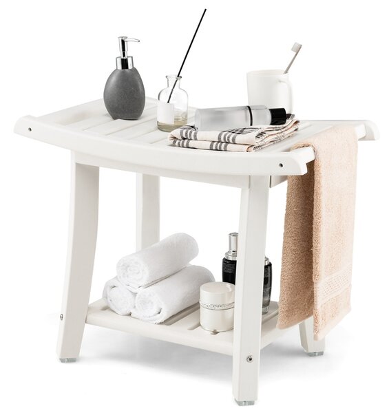 Costway Panca da doccia impermeabile con sedile curvo ripiano per riporre gli oggetti, Sgabello da bagno versatile Bianco