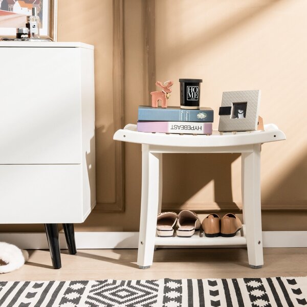 Costway Panca da doccia impermeabile con sedile curvo ripiano per riporre gli oggetti, Sgabello da bagno versatile Bianco