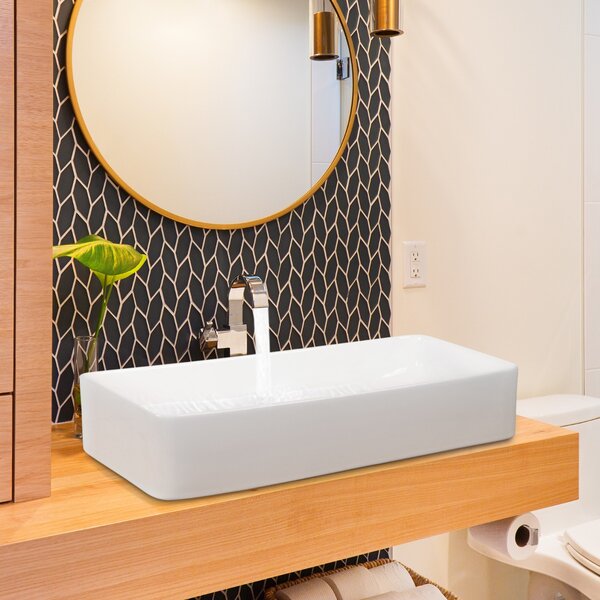 Costway Lavandino da bagno in porcellana con scarico a scomparsa, Lavandino da bagno in ceramica 60x35cm Bianco