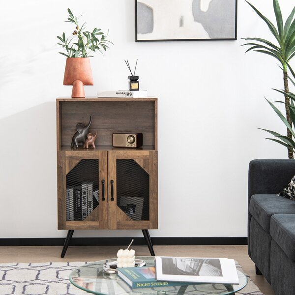 Costway Cantinetta vino industriale con portabottiglie rimovibile, Credenza da cucina con 2 ante in rete Marrone rustico
