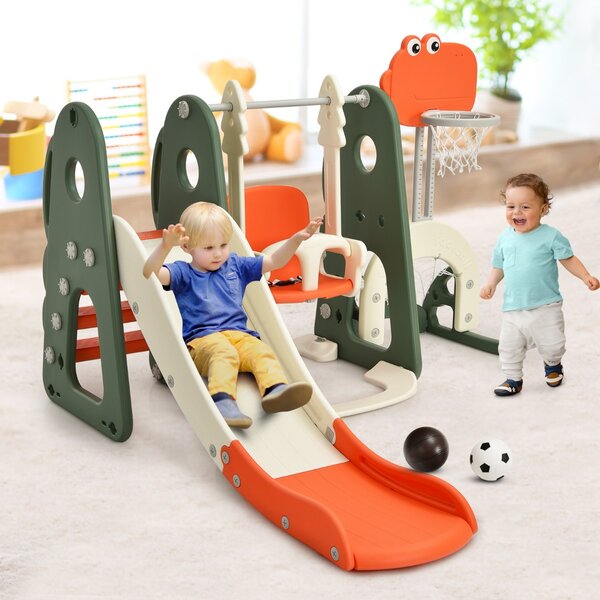 Costway Set 6 in 1 scivolo con canestro per bambini per interni, Set giochi con altalena e porta da calcio Arancione