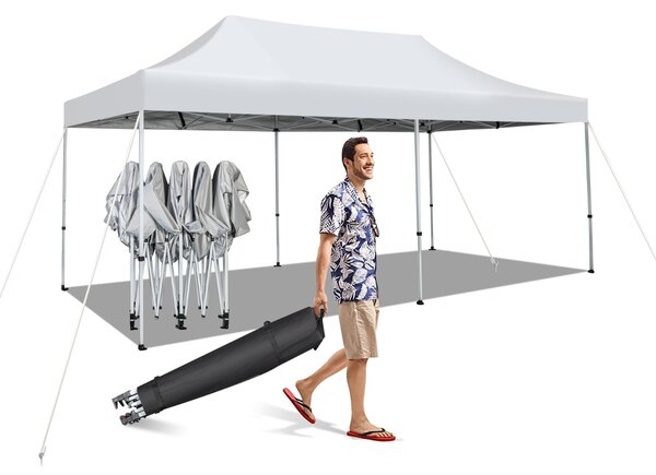 Costway Gazebo regolabile e pieghevole 6x3M con ruote e borsa portatile, Tenda impermeabile per feste e campeggi Bianco