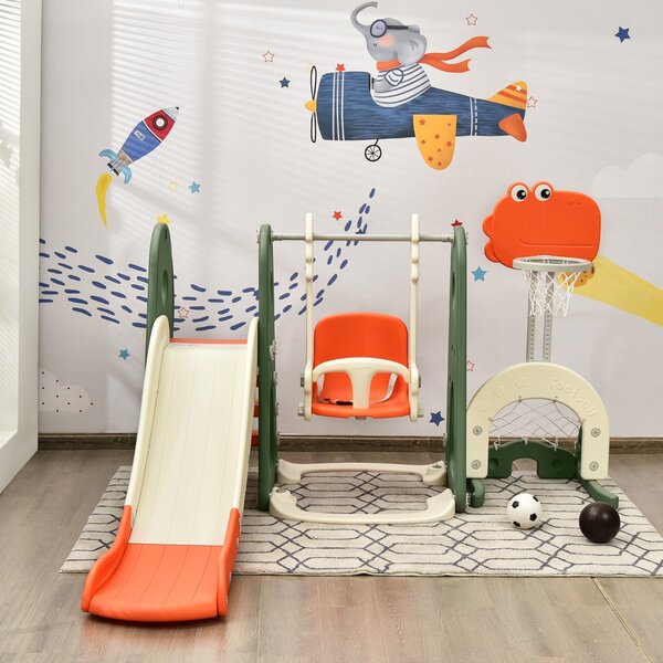 Costway Set 6 in 1 scivolo con canestro per bambini per interni, Set giochi con altalena e porta da calcio Arancione