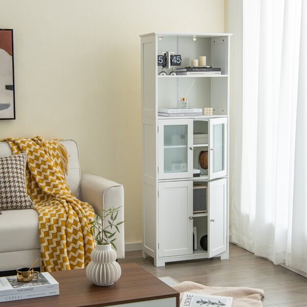 Costway Armadio 163cm con 2 armadietti scomparti aperti ripiani regolabili ante in vetro, Organizzatore da pavimento Bianco