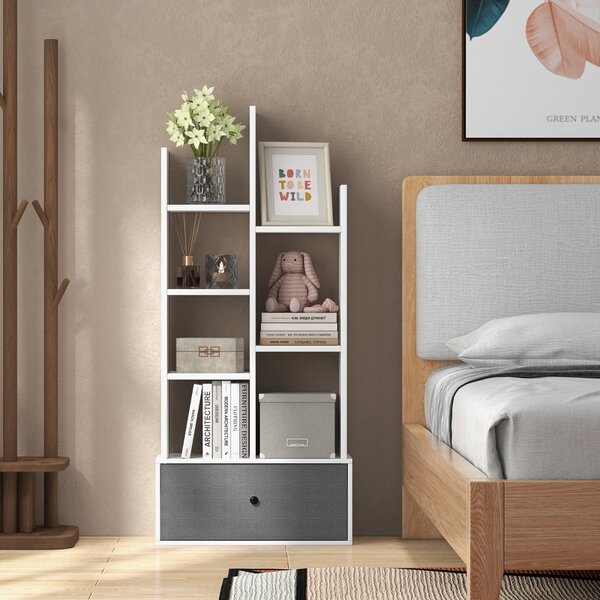 Costway Libreria a 7 piani con cassetto 7 scomparti, Libreria espositiva in legno da 118 cm per soggiorno Bianco
