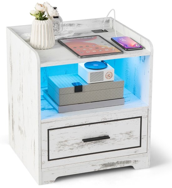 Costway Comodino a LED con 2 porte USB ripiano aperto e cassetto, Tavolino vintage da divano Bianco